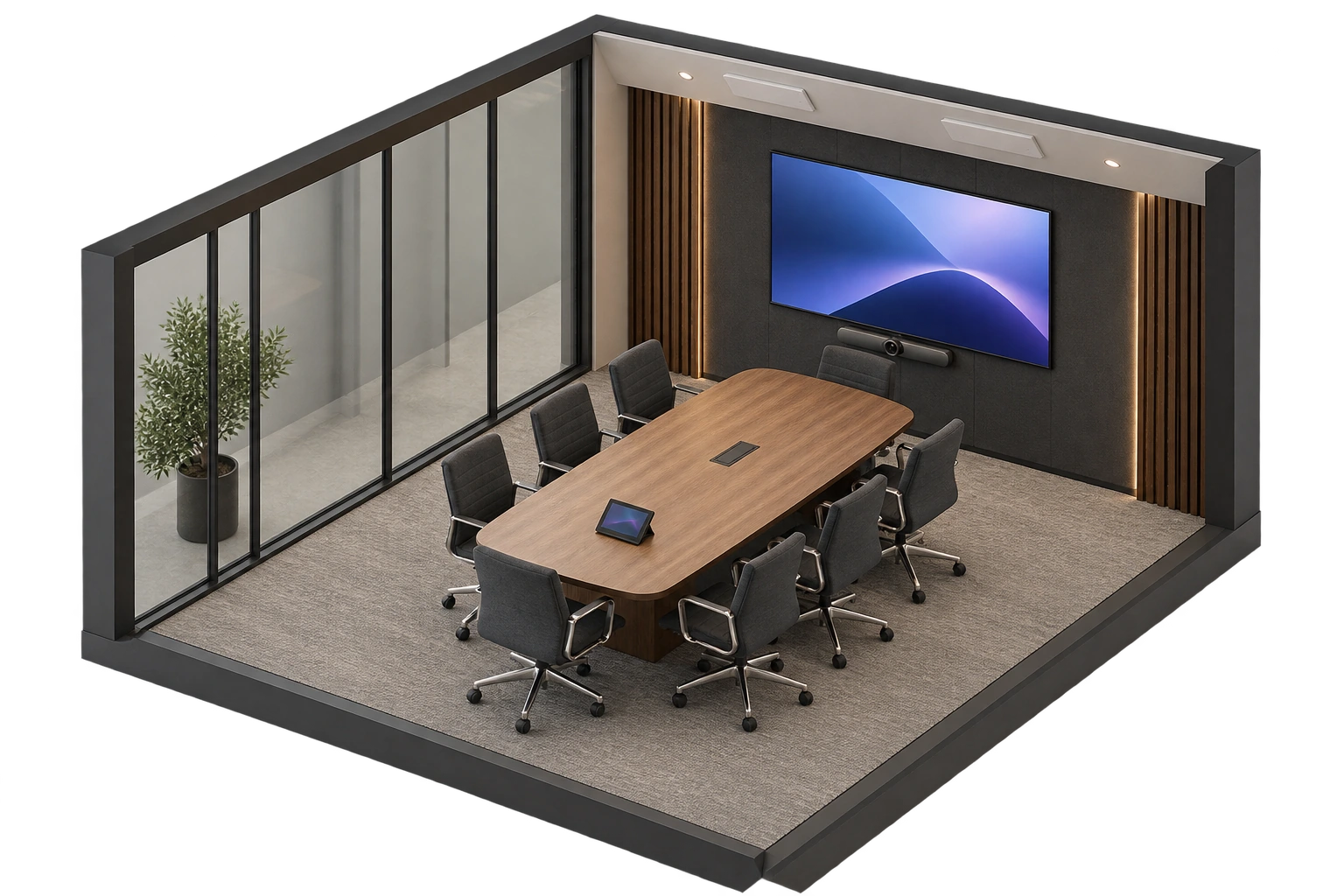 Architectural visualization of an organized conference room with integrated meeting technology